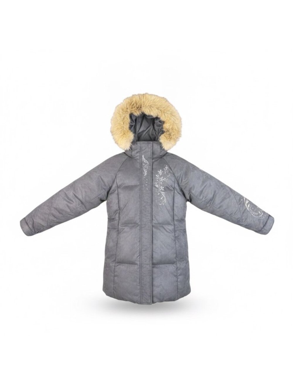 Cabelas Womens Gray Goose Down Insulated Hooded Jacket Faux Fur Trim Size L/G